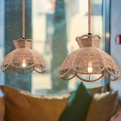 Hemp Rope Caged Pendant: Flaxen Single-Bulb Industrial Hanging Lamp