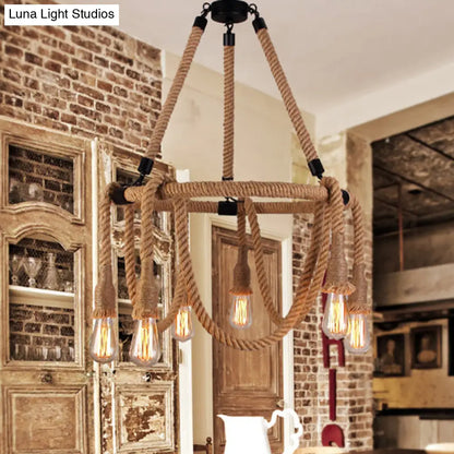 Hemp Rope Chandelier Pendant Light Kit in Antiqued Beige for Restaurants with Exposed Bulb