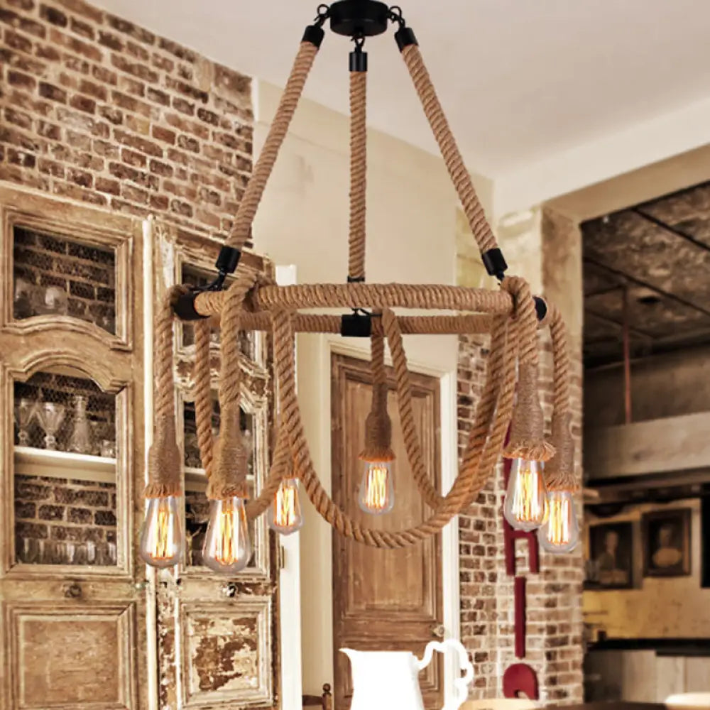 Hemp Rope Chandelier Pendant Light Kit in Antiqued Beige for Restaurants with Exposed Bulb