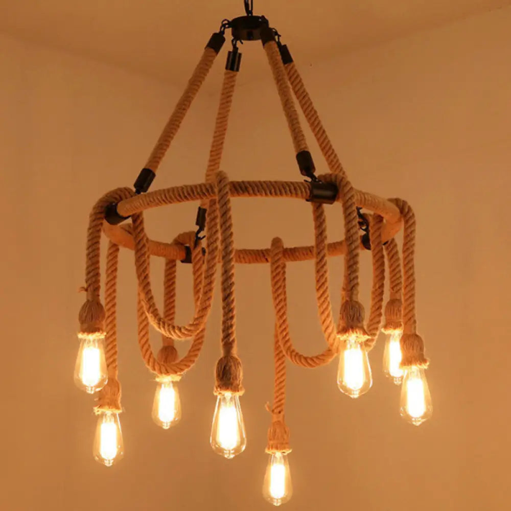 Hemp Rope Chandelier Pendant Light Kit in Antiqued Beige for Restaurants with Exposed Bulb