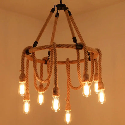 Hemp Rope Chandelier Pendant Light Kit in Antiqued Beige for Restaurants with Exposed Bulb