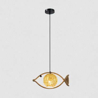 Hemp Rope Fish Suspension Pendant Ceiling Light with Globe Rattan Shade - Retro Restaurant Lighting in Brown