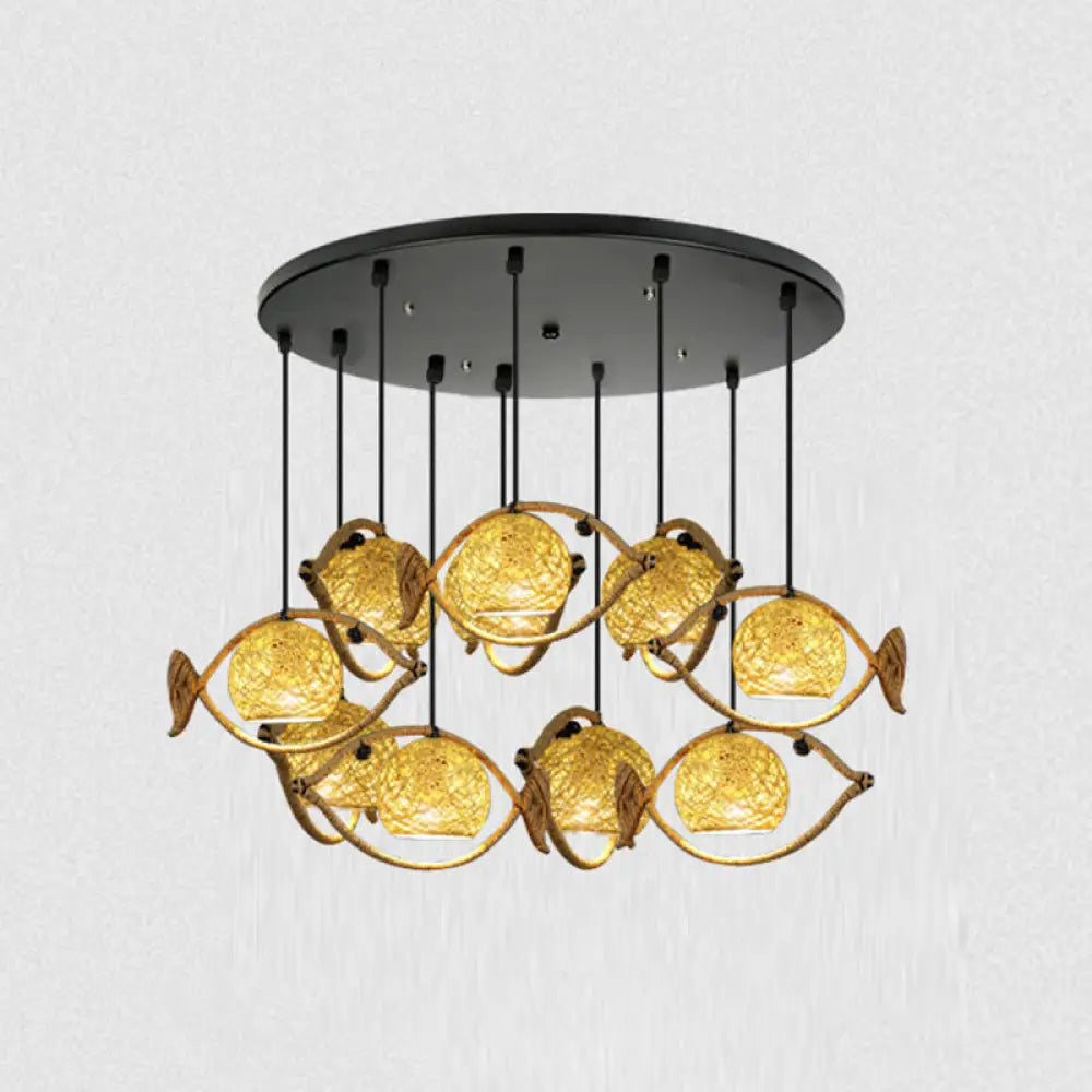 Hemp Rope Fish Suspension Pendant Ceiling Light with Globe Rattan Shade - Retro Restaurant Lighting in Brown