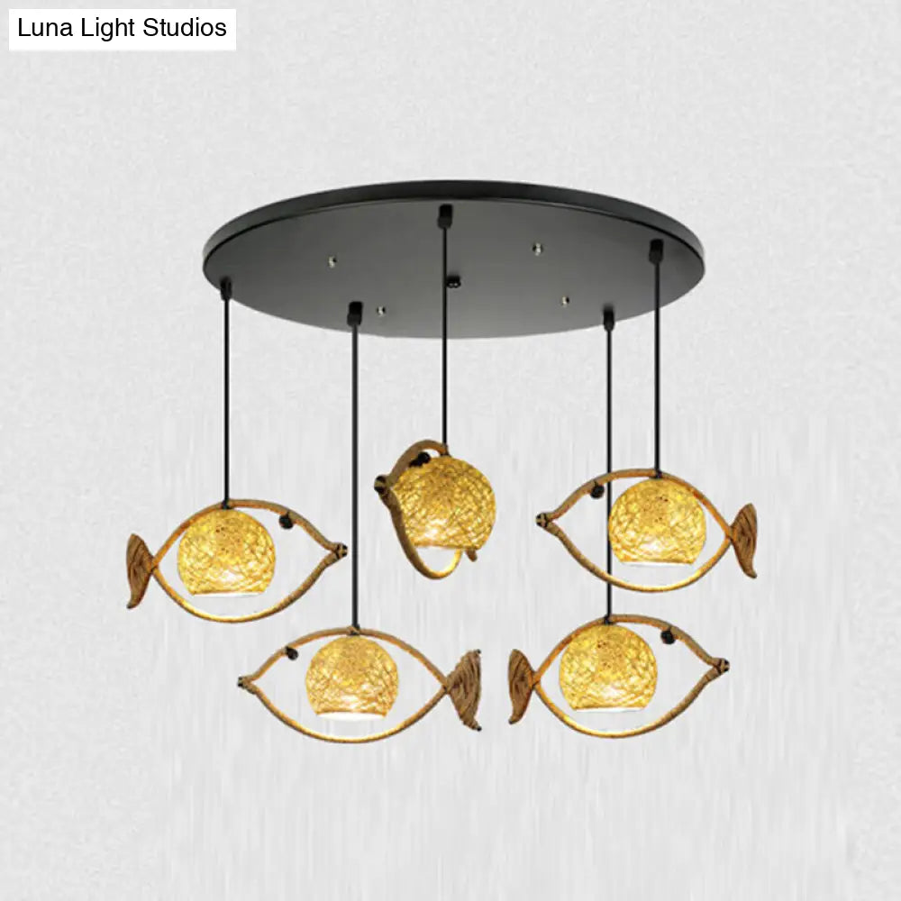 Hemp Rope Fish Suspension Pendant Ceiling Light with Globe Rattan Shade - Retro Restaurant Lighting in Brown