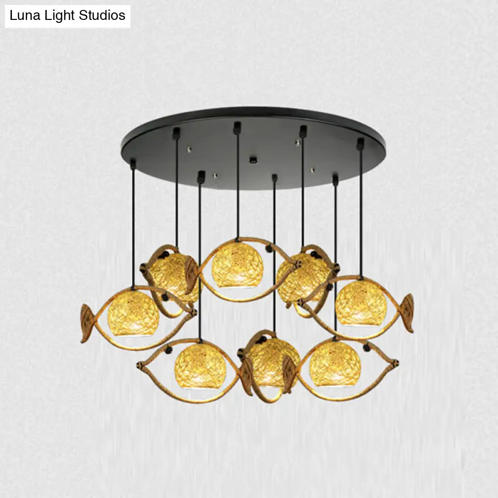 Hemp Rope Fish Suspension Pendant Ceiling Light with Globe Rattan Shade - Retro Restaurant Lighting in Brown