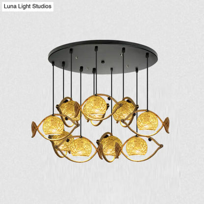 Hemp Rope Fish Suspension Pendant Ceiling Light with Globe Rattan Shade - Retro Restaurant Lighting in Brown