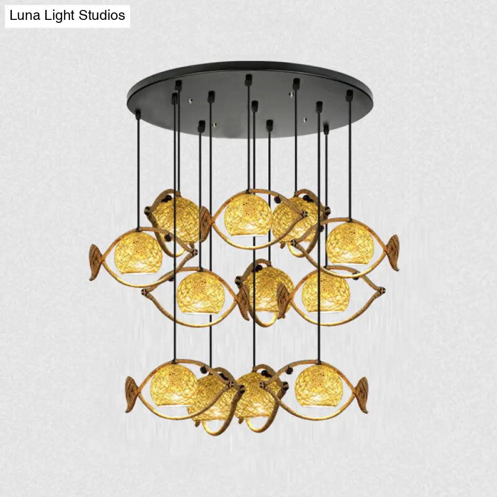 Hemp Rope Fish Suspension Pendant Ceiling Light with Globe Rattan Shade - Retro Restaurant Lighting in Brown