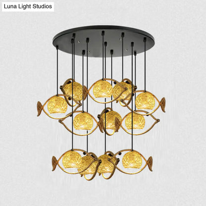 Hemp Rope Fish Suspension Pendant Ceiling Light with Globe Rattan Shade - Retro Restaurant Lighting in Brown