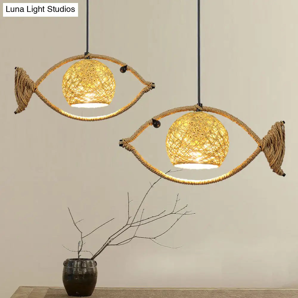 Hemp Rope Fish Suspension Pendant Ceiling Light with Globe Rattan Shade - Retro Restaurant Lighting in Brown