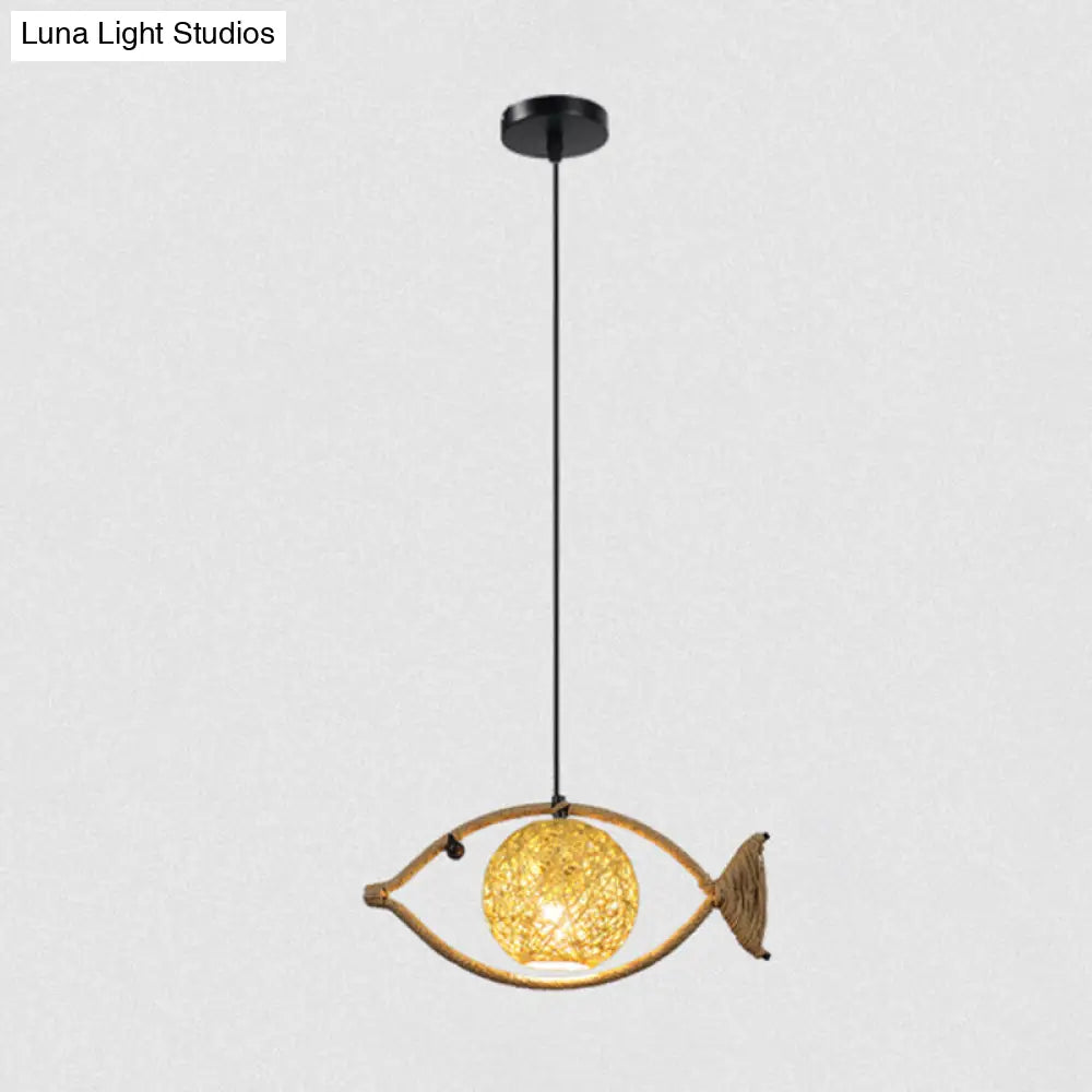 Hemp Rope Fish Suspension Pendant Ceiling Light with Globe Rattan Shade - Retro Restaurant Lighting in Brown