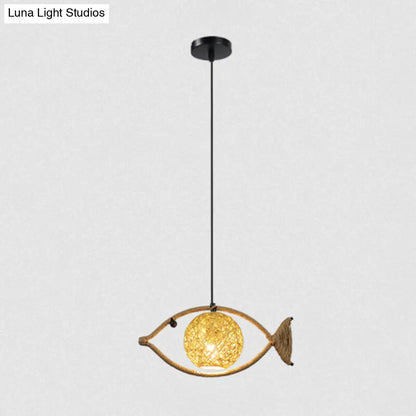 Hemp Rope Fish Suspension Pendant Ceiling Light with Globe Rattan Shade - Retro Restaurant Lighting in Brown