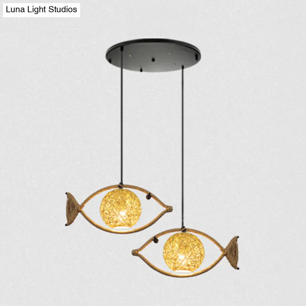 Hemp Rope Fish Suspension Pendant Ceiling Light with Globe Rattan Shade - Retro Restaurant Lighting in Brown