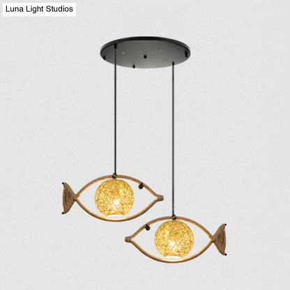 Hemp Rope Fish Suspension Pendant Ceiling Light with Globe Rattan Shade - Retro Restaurant Lighting in Brown