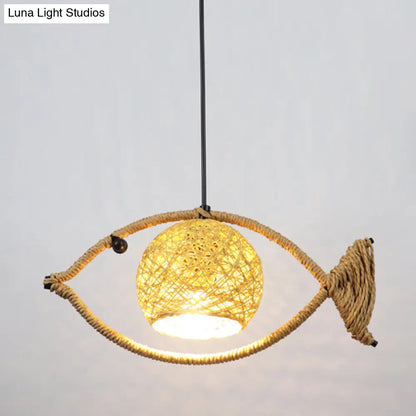 Hemp Rope Fish Suspension Pendant Ceiling Light with Globe Rattan Shade - Retro Restaurant Lighting in Brown