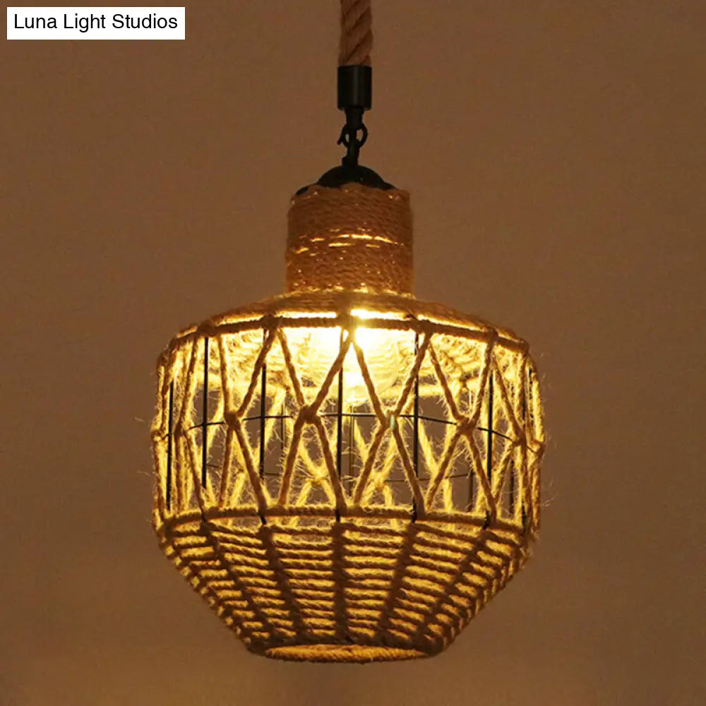 Hemp Rope Industrial Ceiling Pendant Light - Flaxen Single Hanging Fixture for Restaurants