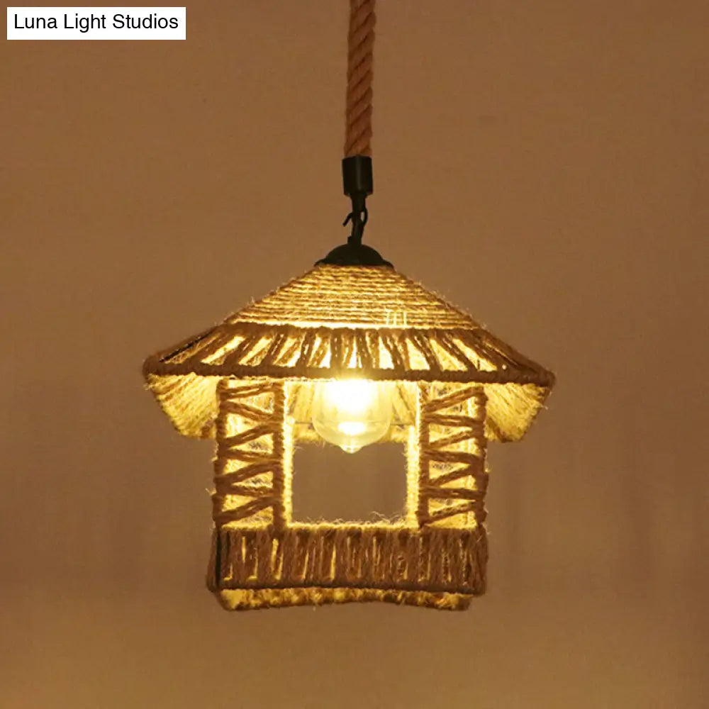 Hemp Rope Industrial Ceiling Pendant Light - Flaxen Single Hanging Fixture for Restaurants