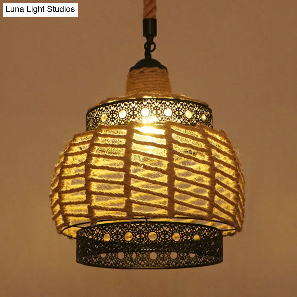 Hemp Rope Industrial Ceiling Pendant Light - Flaxen Single Hanging Fixture for Restaurants