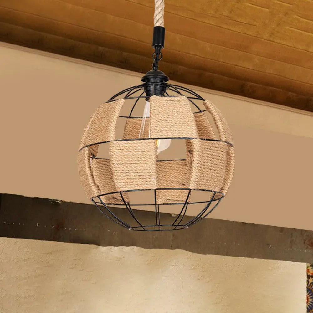 Hemp Rope Pendant Lamp - Cottage Brown Globe Ceiling Light, Aisle Hanging Fixture