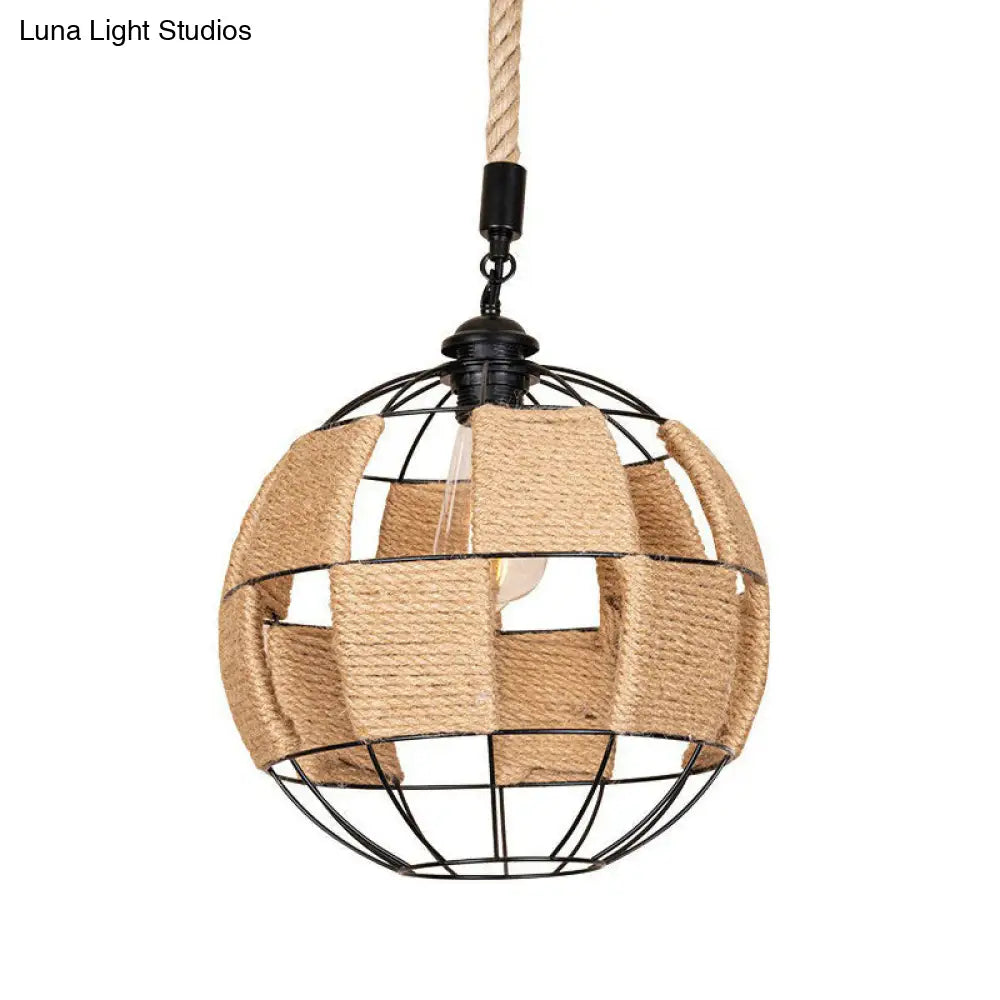 Hemp Rope Pendant Lamp - Cottage Brown Globe Ceiling Light, Aisle Hanging Fixture