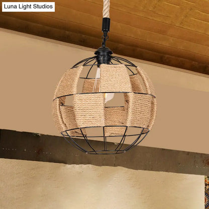 Hemp Rope Pendant Lamp - Cottage Brown Globe Ceiling Light, Aisle Hanging Fixture