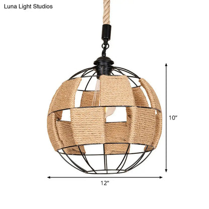 Hemp Rope Pendant Lamp - Cottage Brown Globe Ceiling Light, Aisle Hanging Fixture