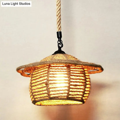 Hemp Rope Rustic Pendant Light with Caged Design and Brown Finish for Restaurants