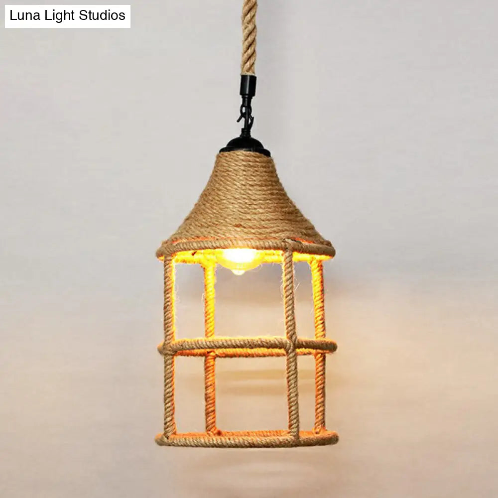 Hemp Rope Rustic Pendant Light with Caged Design and Brown Finish for Restaurants