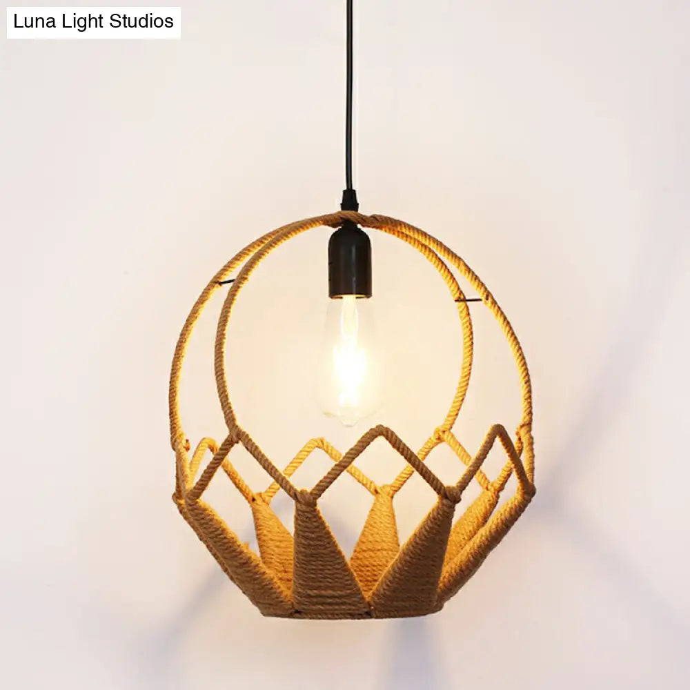 Hemp Rope Rustic Pendant Light with Caged Design and Brown Finish for Restaurants