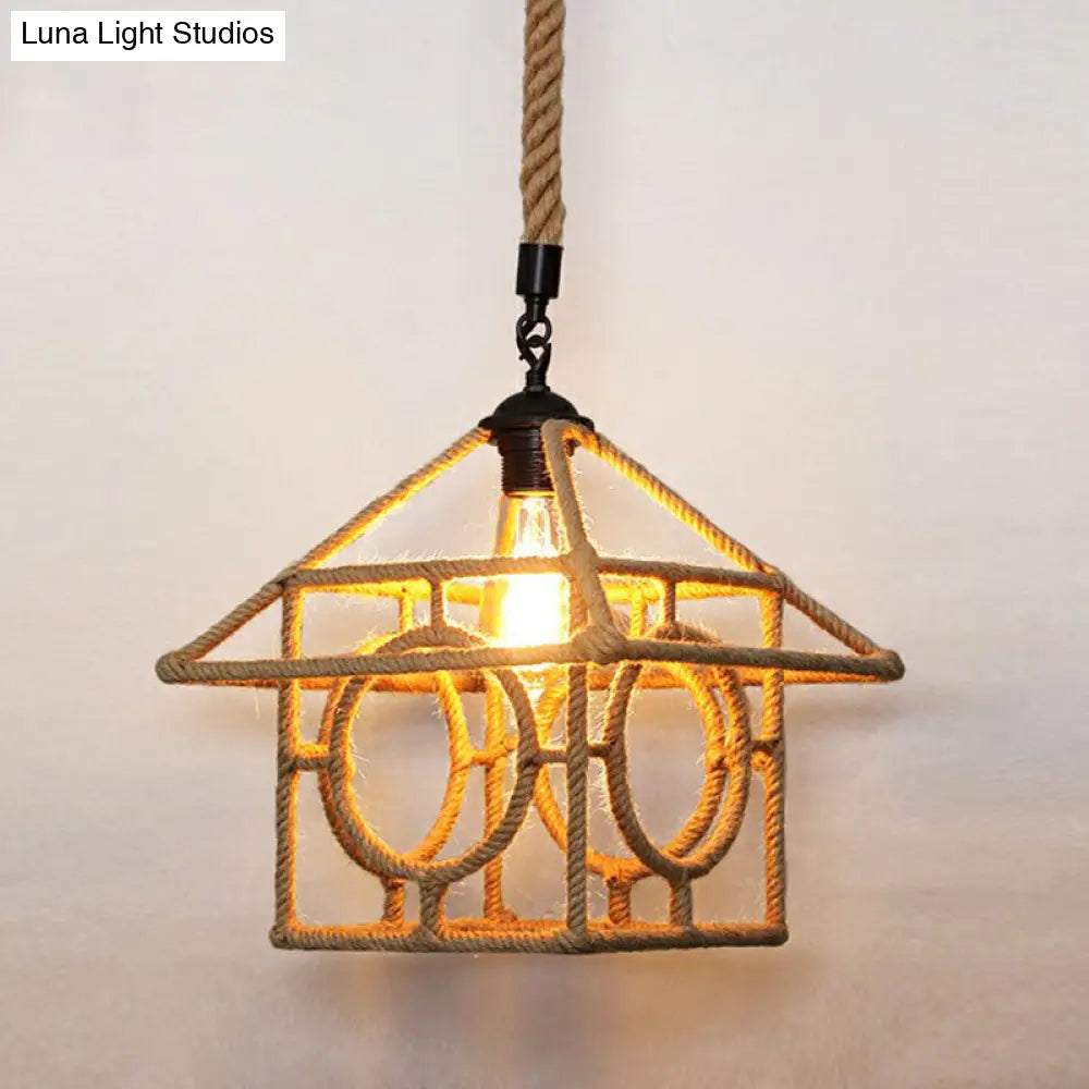 Hemp Rope Rustic Pendant Light with Caged Design and Brown Finish for Restaurants