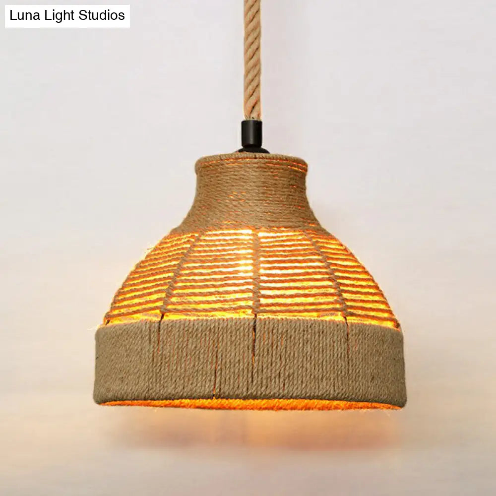 Hemp Rope Rustic Pendant Light with Caged Design and Brown Finish for Restaurants