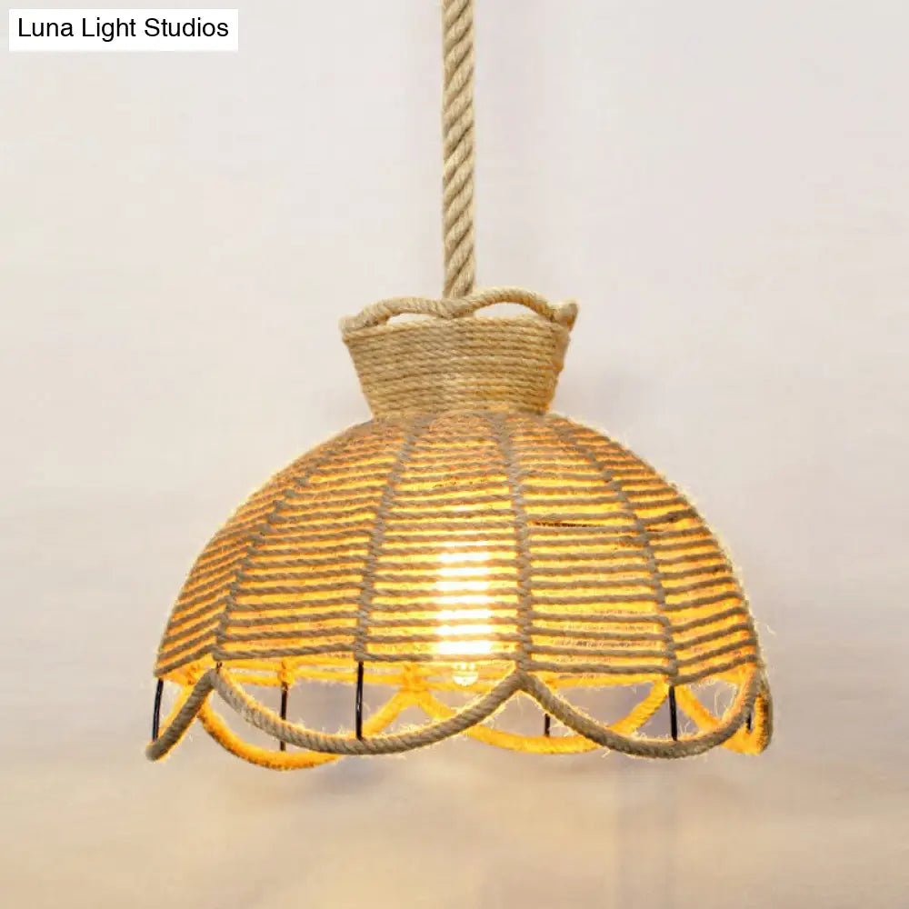 Hemp Rope Rustic Pendant Light with Caged Design and Brown Finish for Restaurants