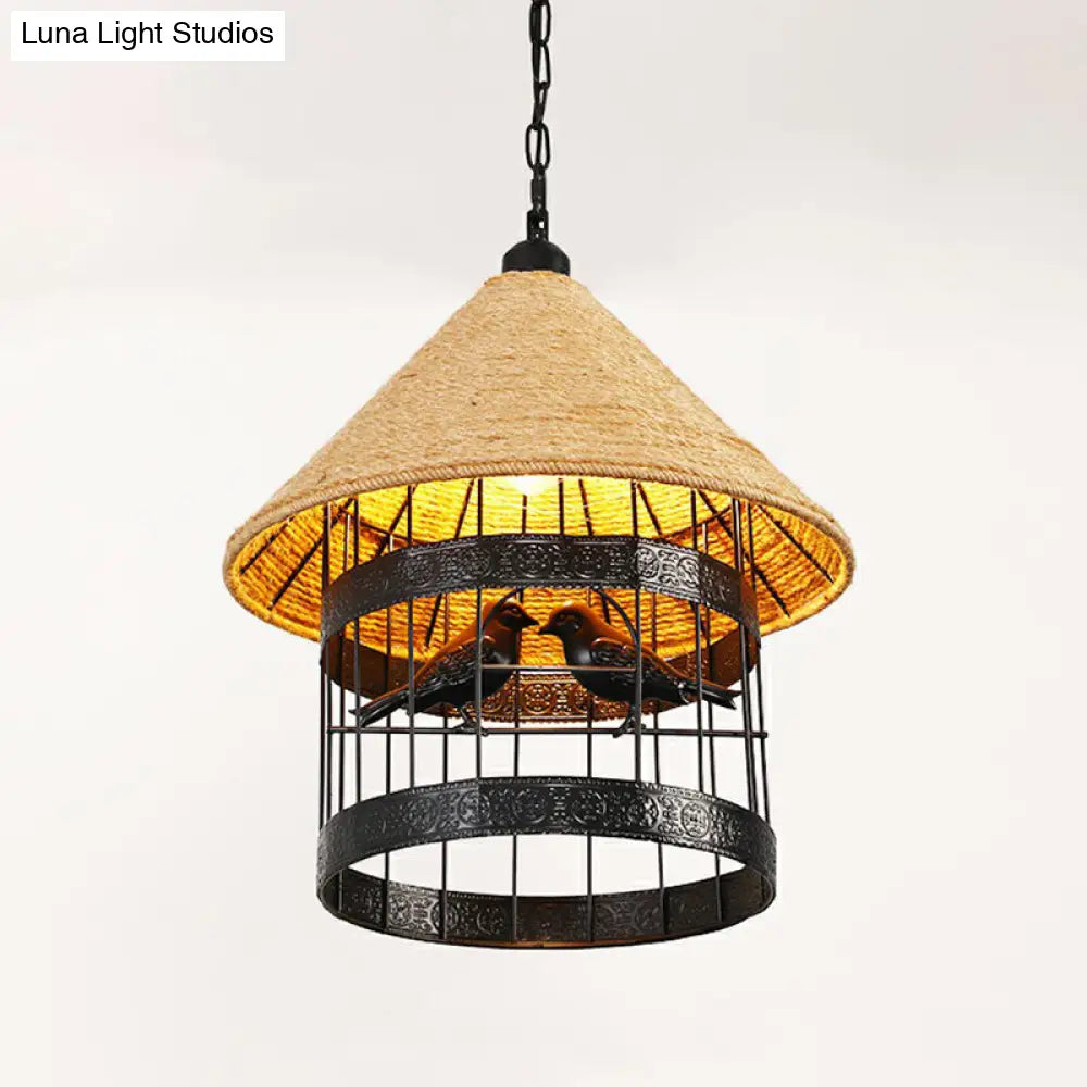 Hemp Rope Rustic Pendant Light with Caged Design and Brown Finish for Restaurants