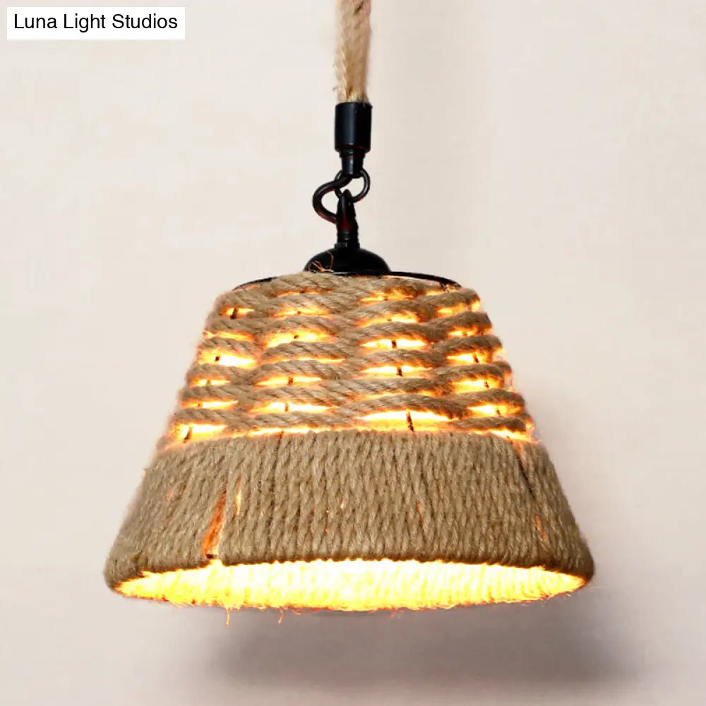 Hemp Rope Rustic Pendant Light with Caged Design and Brown Finish for Restaurants