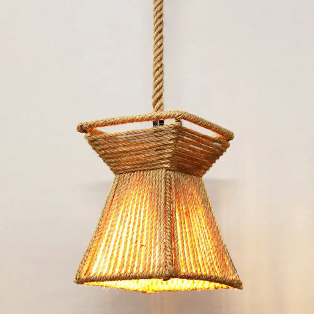 Hemp Rope Rustic Pendant Light with Caged Design and Brown Finish for Restaurants