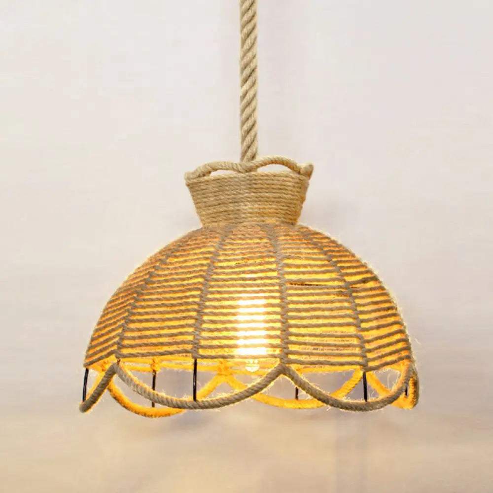 Hemp Rope Rustic Pendant Light with Caged Design and Brown Finish for Restaurants