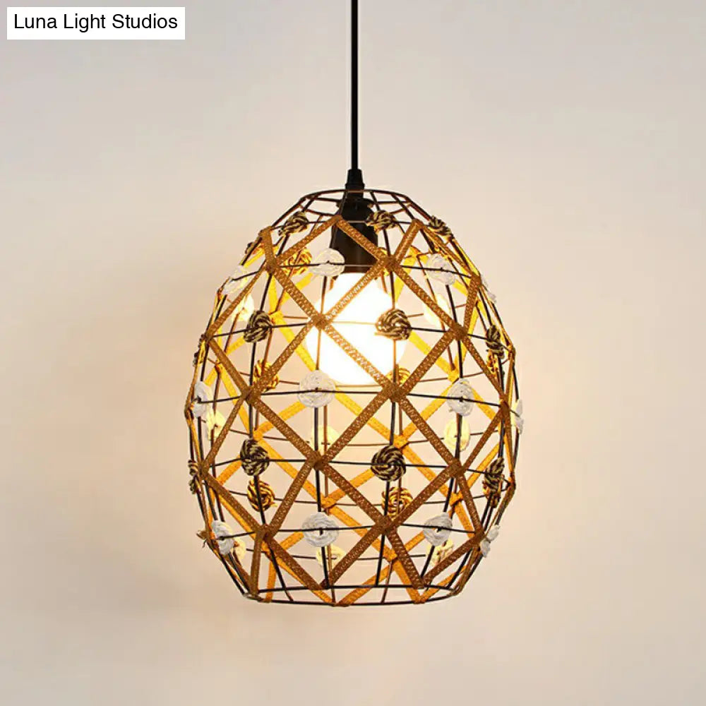 Hemp Rope Shaded Pendant Light - Antique 1-Light Hanging Fixture for Restaurants in Brown