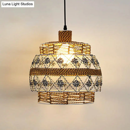 Hemp Rope Shaded Pendant Light - Antique 1-Light Hanging Fixture for Restaurants in Brown