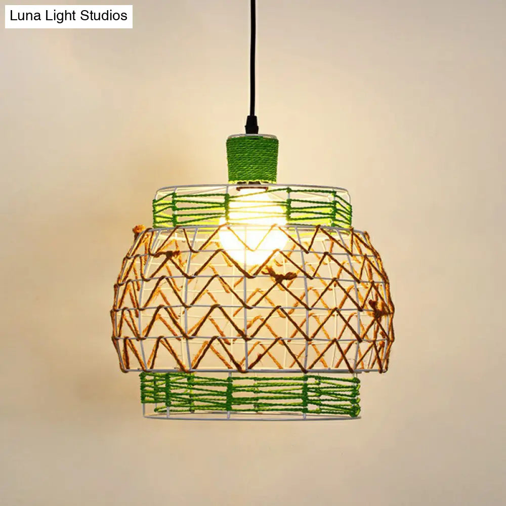 Hemp Rope Shaded Pendant Light - Antique 1-Light Hanging Fixture for Restaurants in Brown