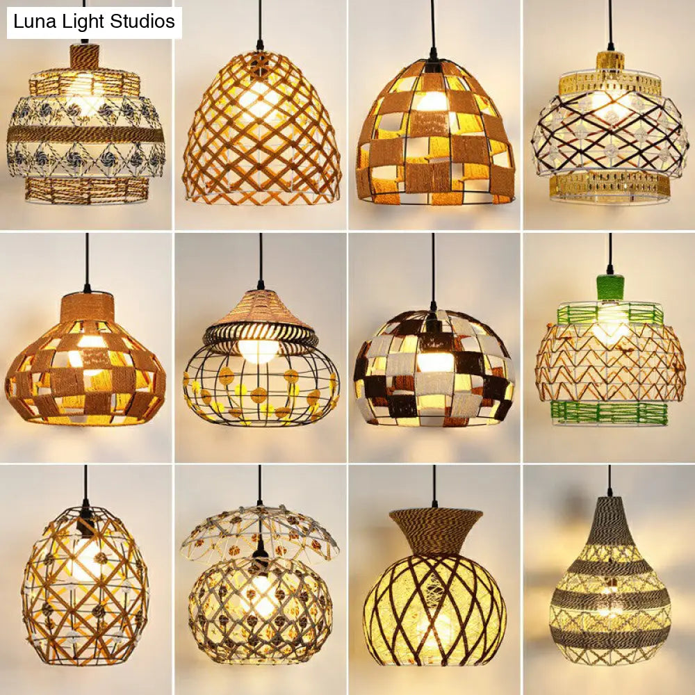 Hemp Rope Shaded Pendant Light - Antique 1-Light Hanging Fixture for Restaurants in Brown