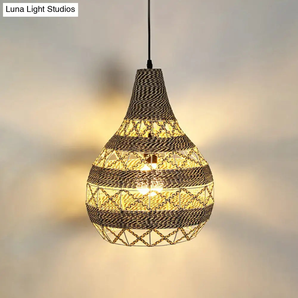 Hemp Rope Shaded Pendant Light - Antique 1-Light Hanging Fixture for Restaurants in Brown