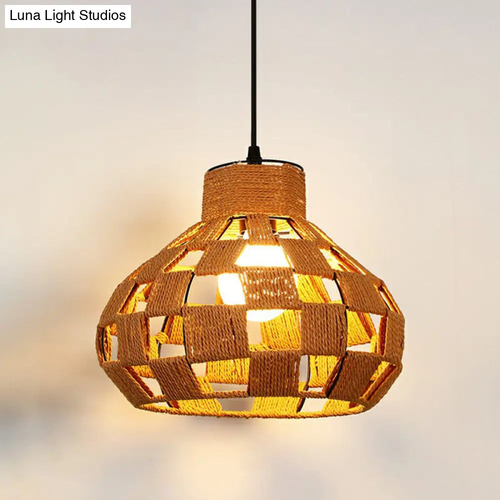 Hemp Rope Shaded Pendant Light - Antique 1-Light Hanging Fixture for Restaurants in Brown