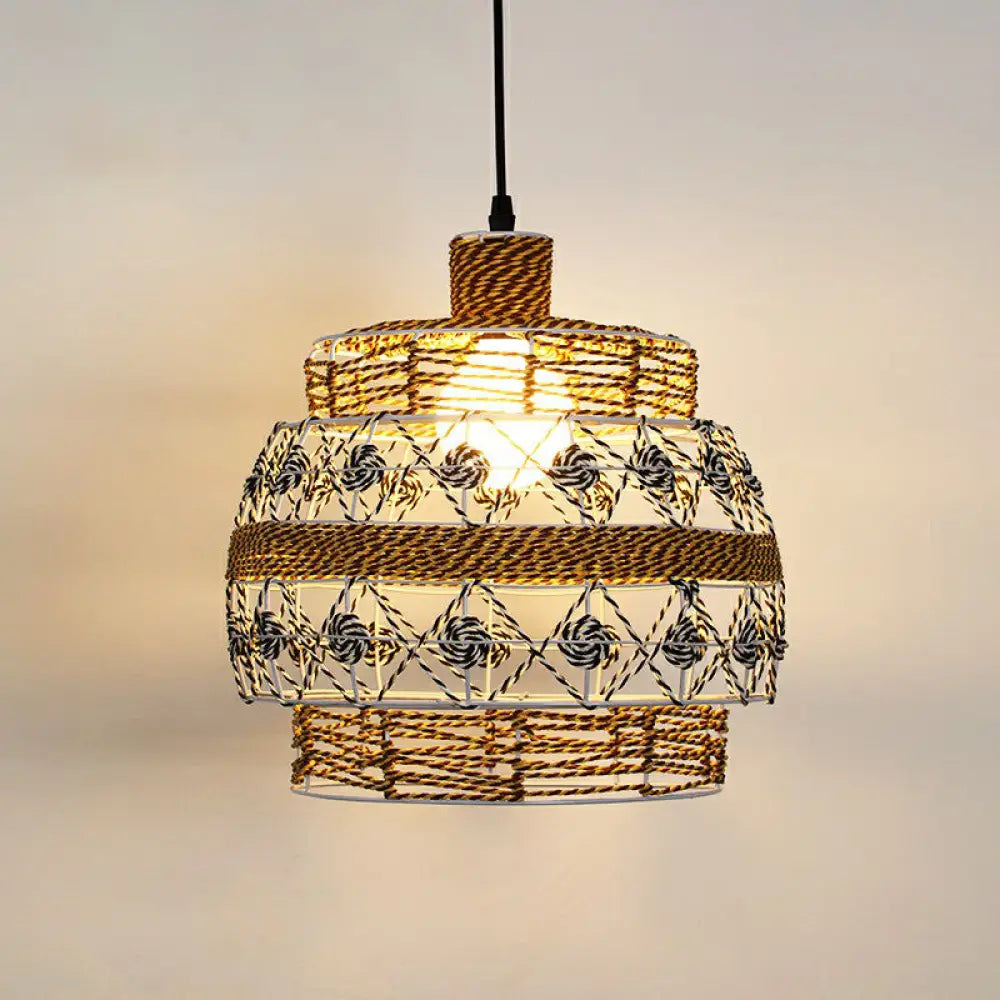 Hemp Rope Shaded Pendant Light - Antique 1-Light Hanging Fixture for Restaurants in Brown