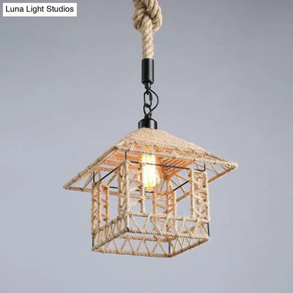 Hemp Rope Wrapped Ceiling Pendant Light - Industrial Single-Chain Design, Brown Finish