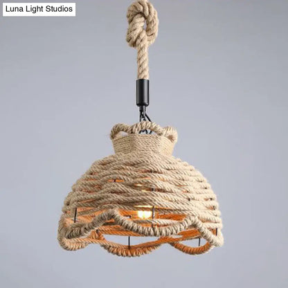 Hemp Rope Wrapped Ceiling Pendant Light - Industrial Single-Chain Design, Brown Finish