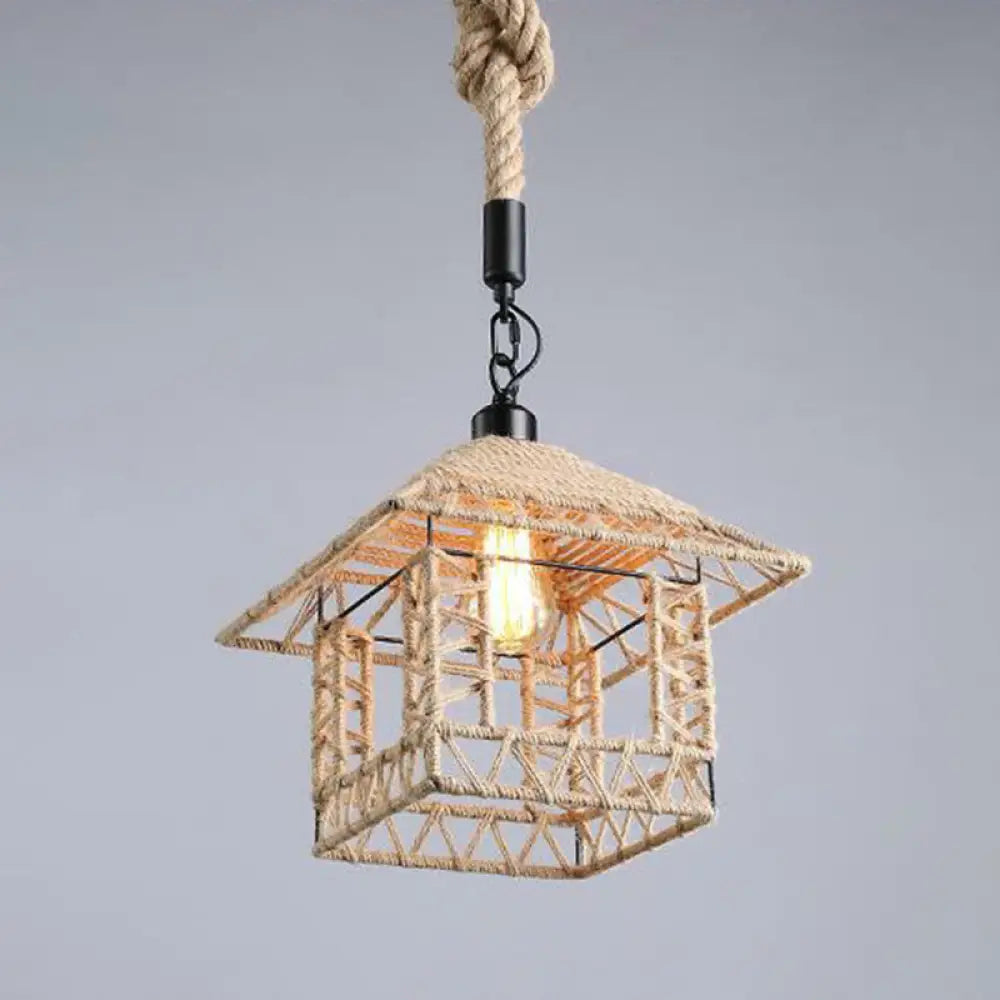 Hemp Rope Wrapped Ceiling Pendant Light - Industrial Single-Chain Design, Brown Finish