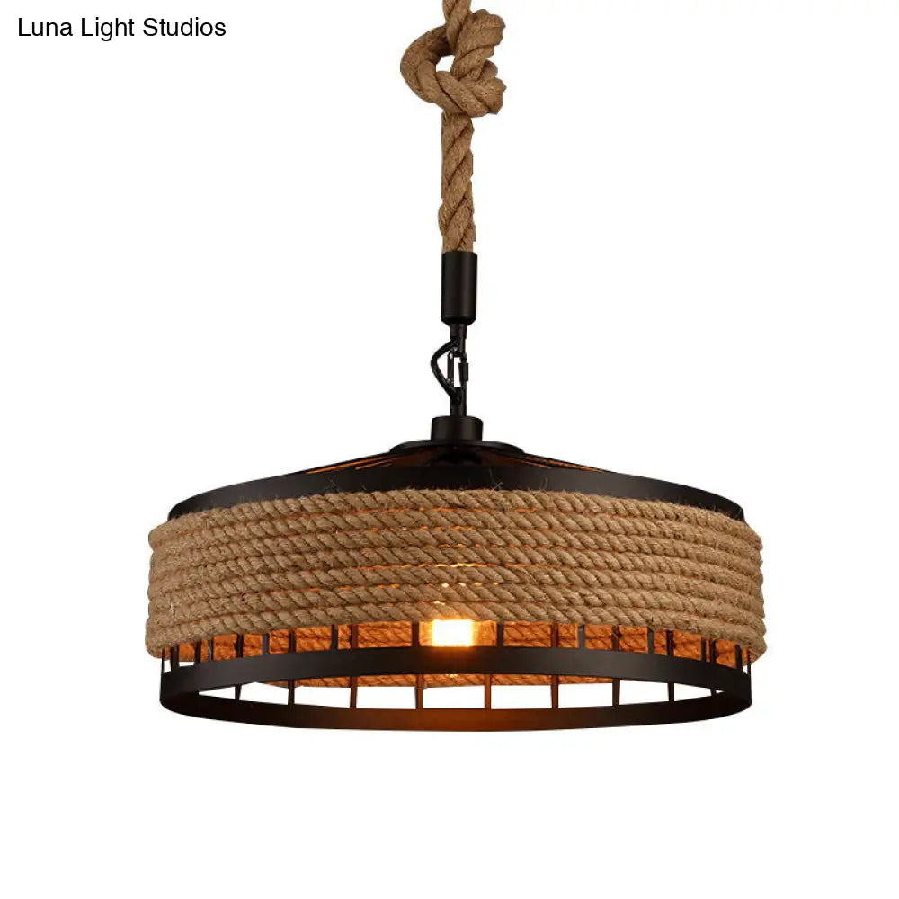 Hemp Rope Yurt Hanging Light - Rustic Pendant Fixture in Black