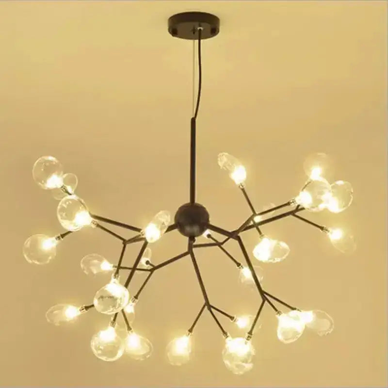 Black metal decorbites heracleum firefly gold glass ball chandelier with clear globe bulbs in branching tree-like design for dining room