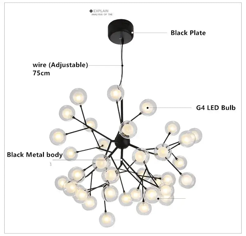 Black metal decorbites heracleum firefly chandelier with clear glass globe bulbs and adjustable 75cm wire for dining room light