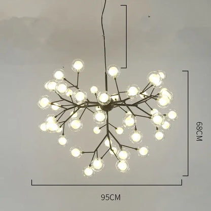 Black metal decorbites heracleum firefly chandelier with clear glass globe bulbs in branching tree design for dining room light