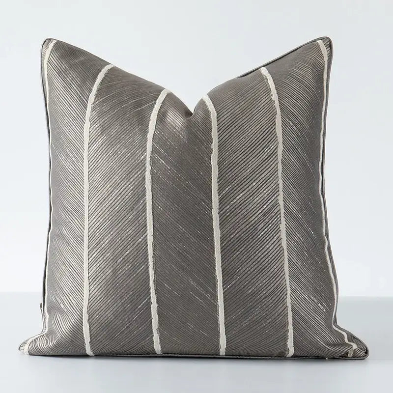 Gray herringbone jacquard cushion cover with diagonal textured stripes and off-white vertical lines for living room decor